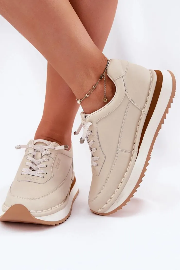 Discount Big Star Shoes Skórzane Sneakersy Damskie Na Platformie Big Star RR274A334 Beżowe Beżowy
