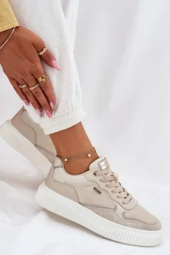 Discount Evento Skórzane Sneakersy Damskie Na Platformie Beżowe Velarria
