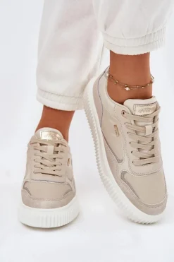 Discount Evento Skórzane Sneakersy Damskie Na Platformie Beżowe Velarria