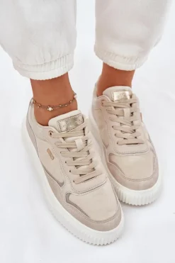 Discount Evento Skórzane Sneakersy Damskie Na Platformie Beżowe Velarria