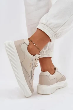 Discount Evento Skórzane Sneakersy Damskie Na Platformie Beżowe Velarria