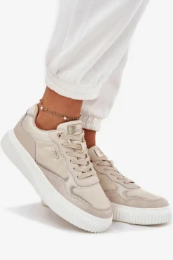 Discount Evento Skórzane Sneakersy Damskie Na Platformie Beżowe Velarria