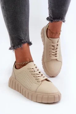 Evento Buty Sportowe Na Platformie*Skórzane Sneakersy Damskie Na Platformie Beżowe Eselmarie