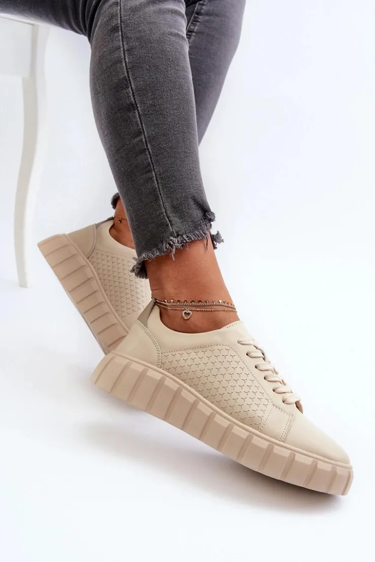 Evento Buty Sportowe Na Platformie*Skórzane Sneakersy Damskie Na Platformie Beżowe Eselmarie