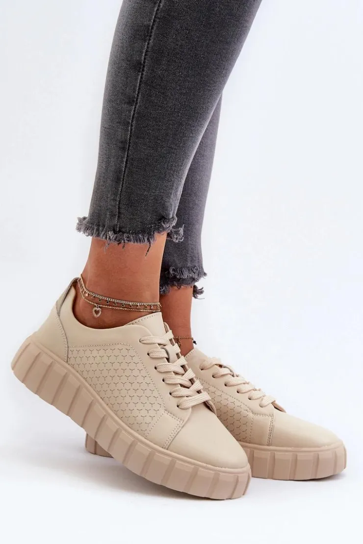 Evento Buty Sportowe Na Platformie*Skórzane Sneakersy Damskie Na Platformie Beżowe Eselmarie