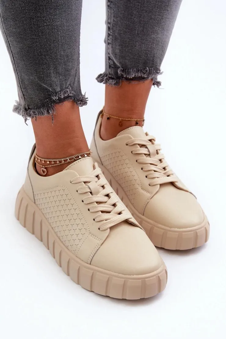 Evento Buty Sportowe Na Platformie*Skórzane Sneakersy Damskie Na Platformie Beżowe Eselmarie