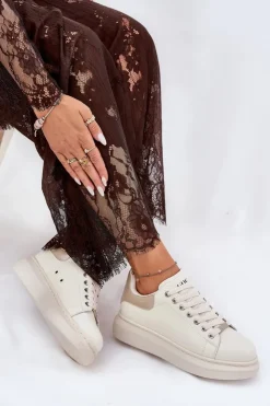 GOE Sneakersy Damskie*Skórzane Sneakersy Damskie Na Platformie RR2N4004 Beżowe