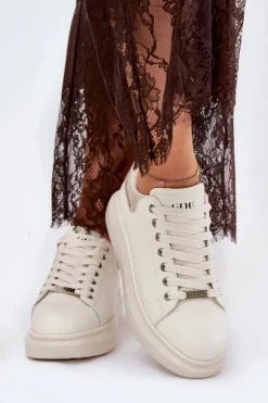 GOE Sneakersy Damskie*Skórzane Sneakersy Damskie Na Platformie RR2N4004 Beżowe