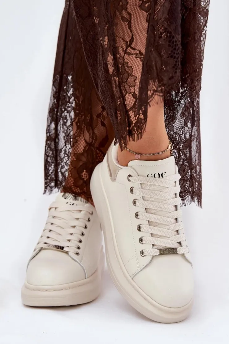 GOE Sneakersy Damskie*Skórzane Sneakersy Damskie Na Platformie RR2N4004 Beżowe