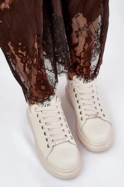 GOE Sneakersy Damskie*Skórzane Sneakersy Damskie Na Platformie RR2N4004 Beżowe