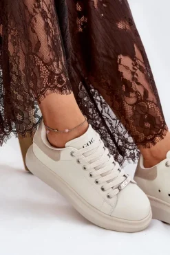 GOE Sneakersy Damskie*Skórzane Sneakersy Damskie Na Platformie RR2N4004 Beżowe