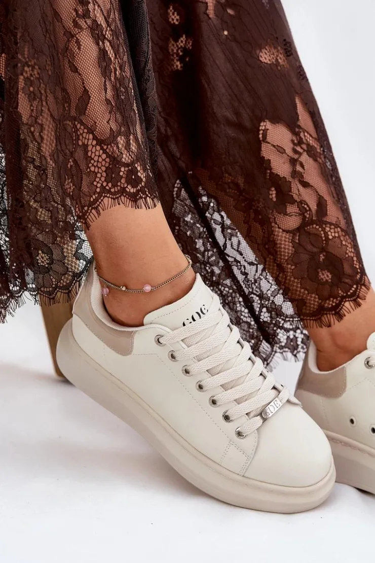 GOE Sneakersy Damskie*Skórzane Sneakersy Damskie Na Platformie RR2N4004 Beżowe