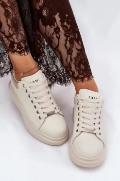GOE Sneakersy Damskie*Skórzane Sneakersy Damskie Na Platformie RR2N4004 Beżowe