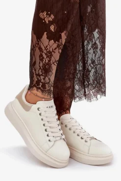 GOE Sneakersy Damskie*Skórzane Sneakersy Damskie Na Platformie RR2N4004 Beżowe