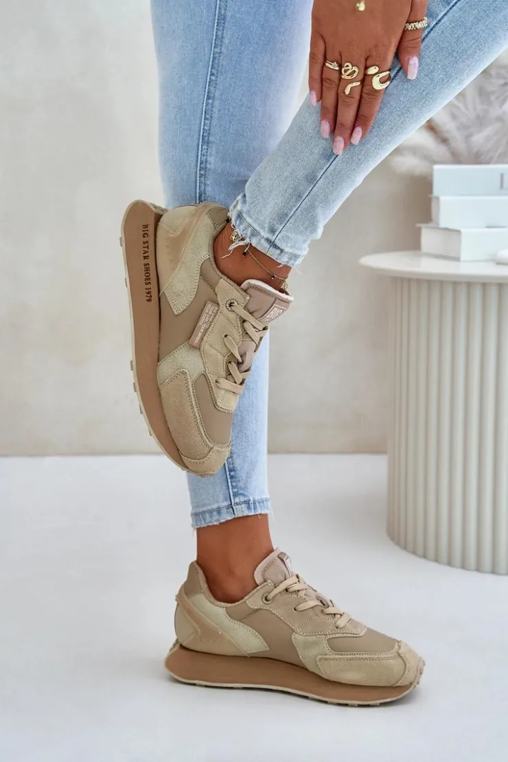 Online Big Star Shoes Skórzane Sneakersy Damskie Big Star OO274564 Hi-Poly System Beżowe Beżowy