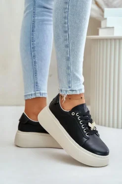 Damskie Buty damskie Vinceza Skórzane Sneakersy Damskie Na Platformie Z Przypinką Vinceza 89101 Czarne