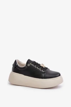 Damskie Buty damskie Vinceza Skórzane Sneakersy Damskie Na Platformie Z Przypinką Vinceza 89101 Czarne