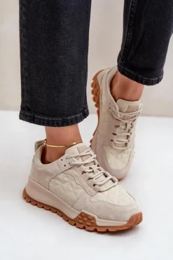 Big Star Shoes Buty Sportowe Big Star|Sneakersy Damskie*Skórzane Sneakersy Damskie Big Star OO274A315 Hi-Poly System Beżowe