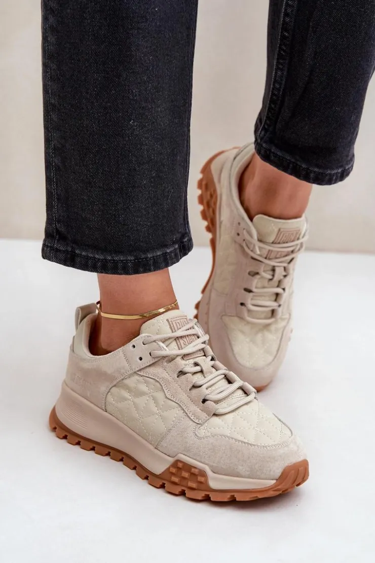 Big Star Shoes Buty Sportowe Big Star|Sneakersy Damskie*Skórzane Sneakersy Damskie Big Star OO274A315 Hi-Poly System Beżowe