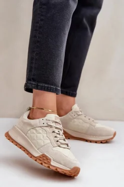 Big Star Shoes Buty Sportowe Big Star|Sneakersy Damskie*Skórzane Sneakersy Damskie Big Star OO274A315 Hi-Poly System Beżowe