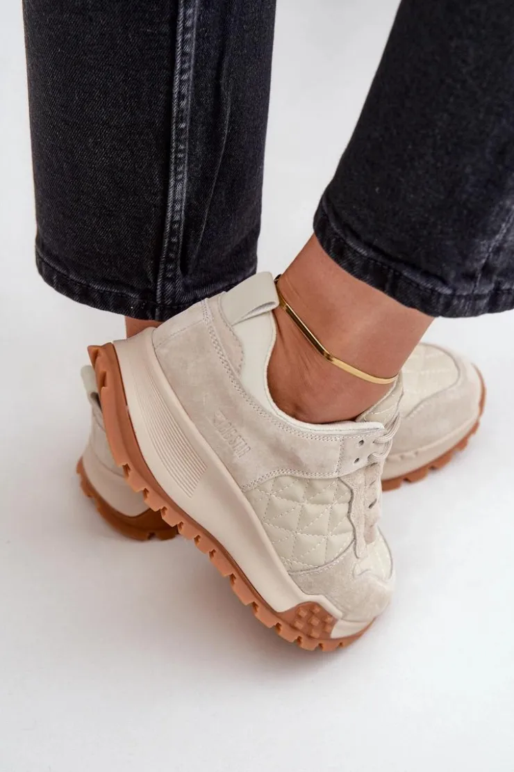 Big Star Shoes Buty Sportowe Big Star|Sneakersy Damskie*Skórzane Sneakersy Damskie Big Star OO274A315 Hi-Poly System Beżowe