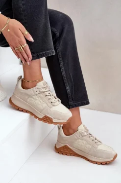 Big Star Shoes Buty Sportowe Big Star|Sneakersy Damskie*Skórzane Sneakersy Damskie Big Star OO274A315 Hi-Poly System Beżowe