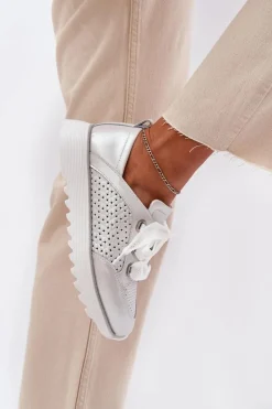 Damskie Damskie buty S.Barski Skórzane Sneakersy Damskie Na Platformie D&A LR51-796 Srebrne