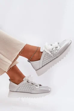 Damskie Damskie buty S.Barski Skórzane Sneakersy Damskie Na Platformie D&A LR51-796 Srebrne