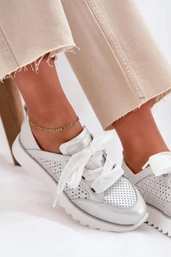 Damskie Damskie buty S.Barski Skórzane Sneakersy Damskie Na Platformie D&A LR51-796 Srebrne