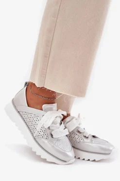 Damskie Damskie buty S.Barski Skórzane Sneakersy Damskie Na Platformie D&A LR51-796 Srebrne