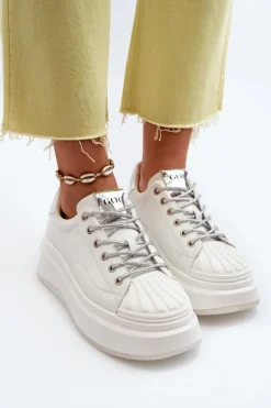 Hot GOE Skórzane Sneakersy Damskie Na Platformie NN2N4033 Białe