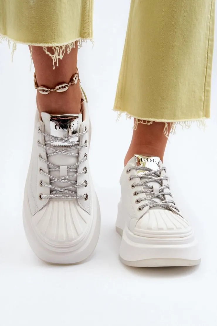 Hot GOE Skórzane Sneakersy Damskie Na Platformie NN2N4033 Białe