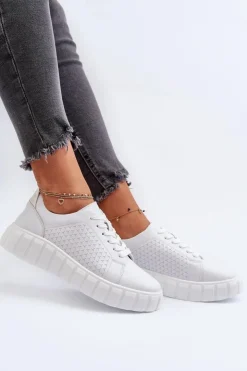 Damskie Evento Skórzane Sneakersy Damskie Na Platformie Białe Eselmarie