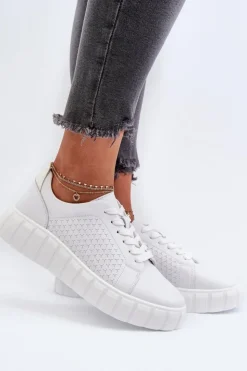 Damskie Evento Skórzane Sneakersy Damskie Na Platformie Białe Eselmarie
