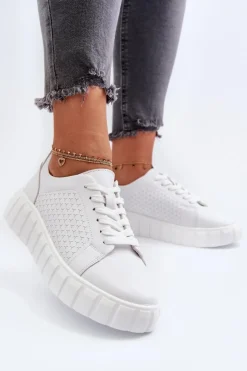 Damskie Evento Skórzane Sneakersy Damskie Na Platformie Białe Eselmarie