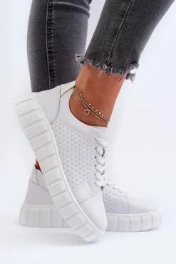 Damskie Evento Skórzane Sneakersy Damskie Na Platformie Białe Eselmarie