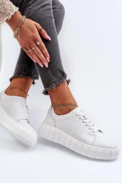 Damskie Evento Skórzane Sneakersy Damskie Na Platformie Białe Eselmarie