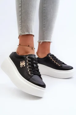 Boto Sneakersy Damskie*Skórzane Sneakersy Damskie Na Platformie Czarne Pernalia