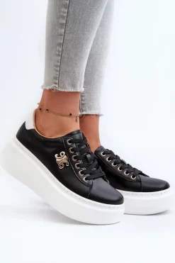 Boto Sneakersy Damskie*Skórzane Sneakersy Damskie Na Platformie Czarne Pernalia