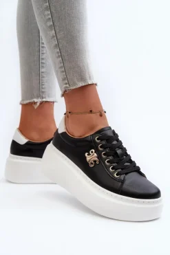 Boto Sneakersy Damskie*Skórzane Sneakersy Damskie Na Platformie Czarne Pernalia