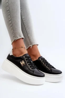 Boto Sneakersy Damskie*Skórzane Sneakersy Damskie Na Platformie Czarne Pernalia