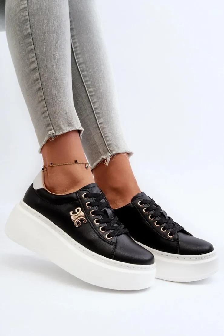 Boto Sneakersy Damskie*Skórzane Sneakersy Damskie Na Platformie Czarne Pernalia