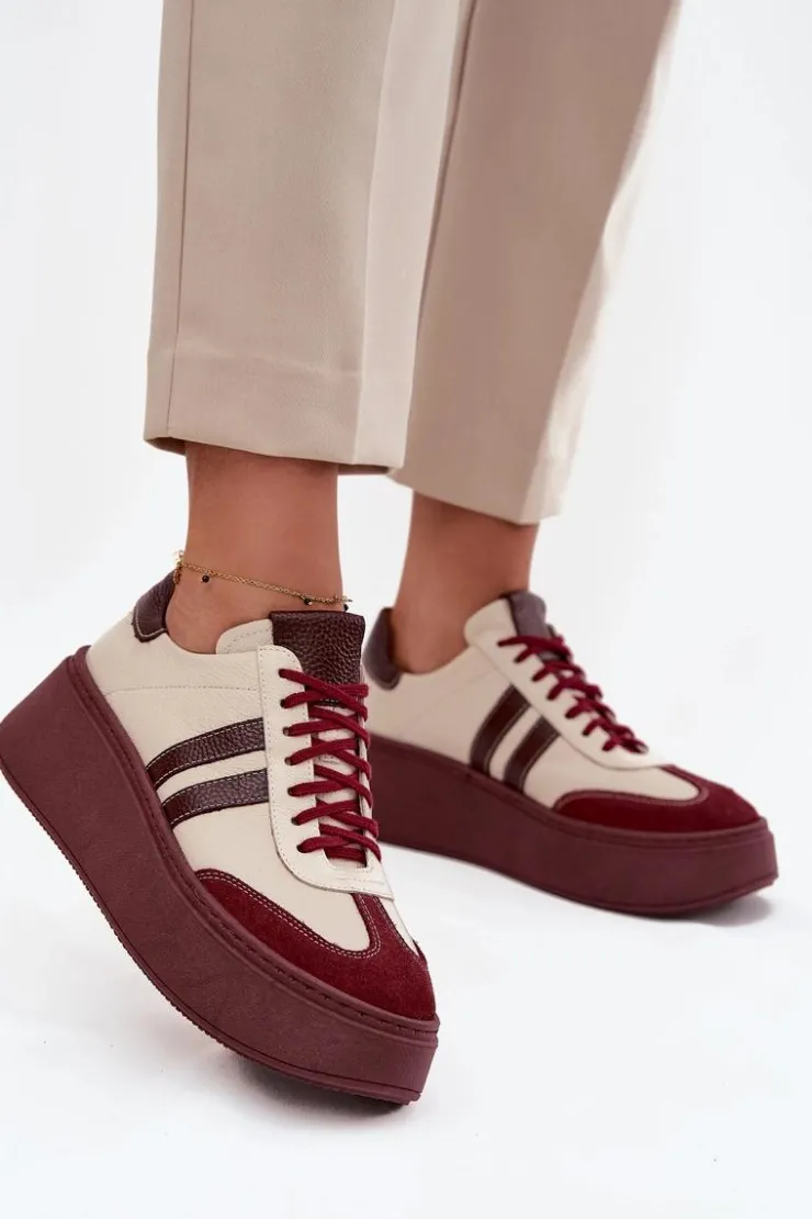 Zazoo Buty Sportowe Na Platformie|Sneakersy Damskie*Skórzane Sneakersy Damskie Na Platformie 3775 Beżowo-Bordowe