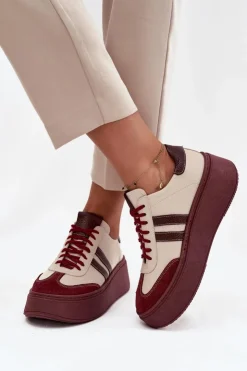 Zazoo Buty Sportowe Na Platformie|Sneakersy Damskie*Skórzane Sneakersy Damskie Na Platformie 3775 Beżowo-Bordowe