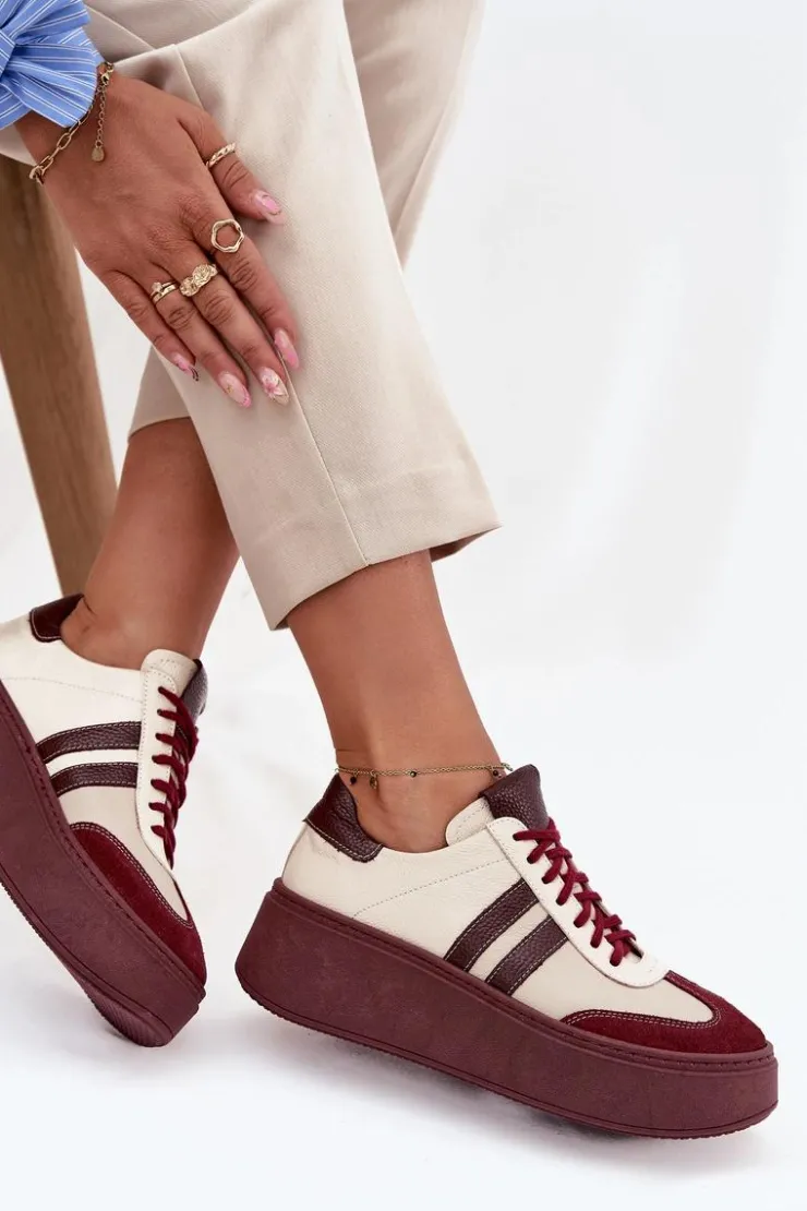 Zazoo Buty Sportowe Na Platformie|Sneakersy Damskie*Skórzane Sneakersy Damskie Na Platformie 3775 Beżowo-Bordowe