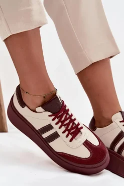 Zazoo Buty Sportowe Na Platformie|Sneakersy Damskie*Skórzane Sneakersy Damskie Na Platformie 3775 Beżowo-Bordowe