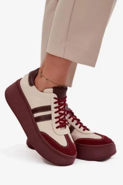 Zazoo Buty Sportowe Na Platformie|Sneakersy Damskie*Skórzane Sneakersy Damskie Na Platformie 3775 Beżowo-Bordowe