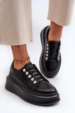 Discount Damskie buty S.Barski Skórzane Sneakersy Damskie Na Masywnej Platformie Czarne S.Barski LR628