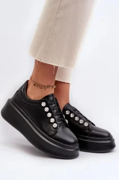 Discount Damskie buty S.Barski Skórzane Sneakersy Damskie Na Masywnej Platformie Czarne S.Barski LR628