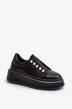 Discount Damskie buty S.Barski Skórzane Sneakersy Damskie Na Masywnej Platformie Czarne S.Barski LR628